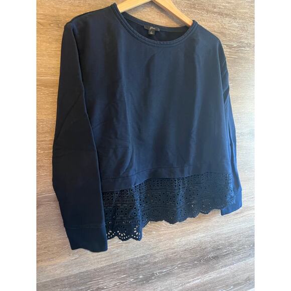 J Crew Women Top Sz Large Navy Blue Eyelet Hem Preppy Long Sleeves Cotton Poplin - Picture 6 of 8